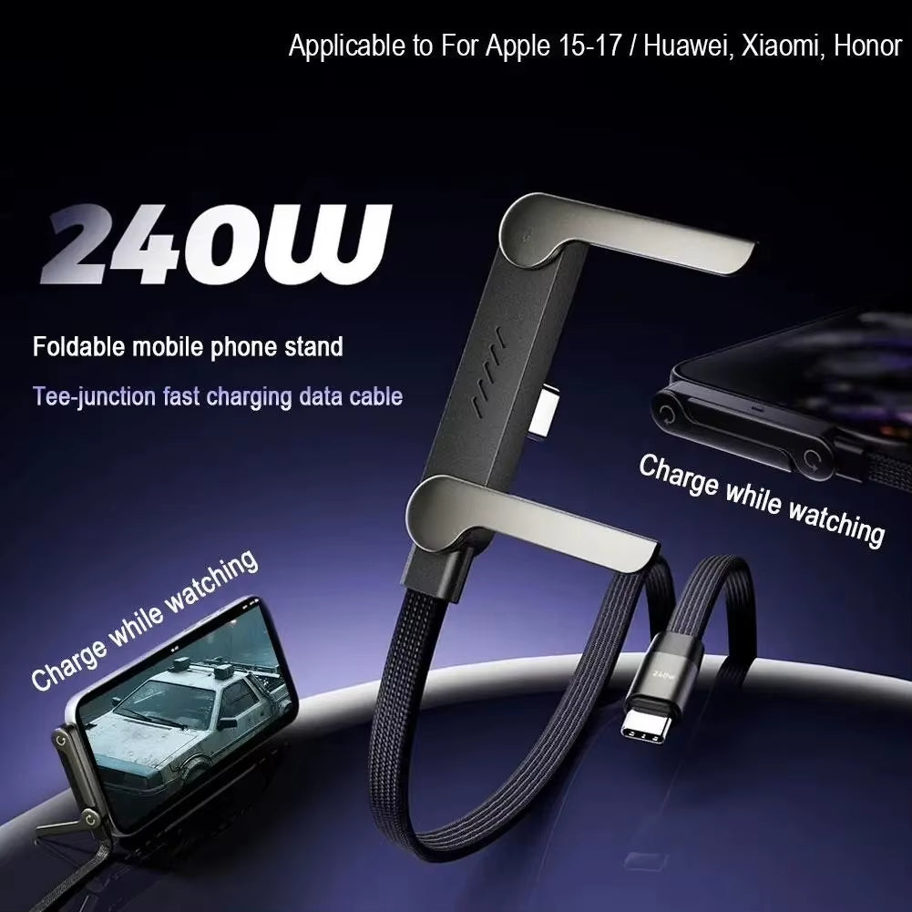240W Right-Angle USB-C Fast Charging Cable with Foldable Phone Stand