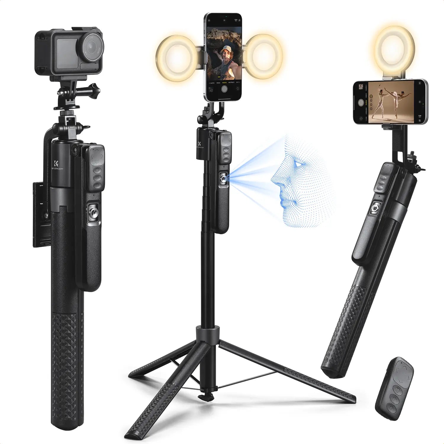 K&F Concept 71" Face-Tracking Tripod Selfie Stick — Remote & Fill Light Options