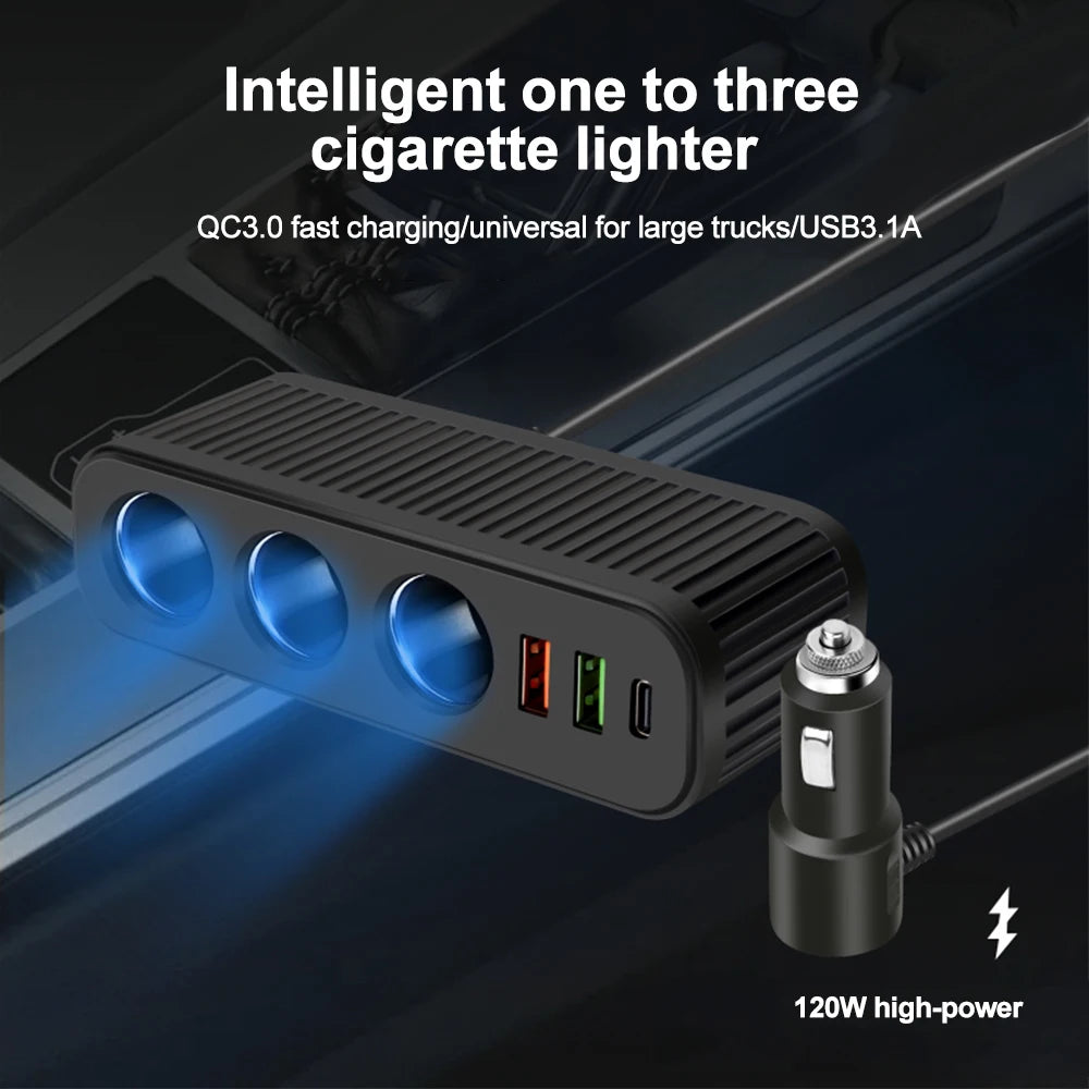 3-Socket Car Charger Splitter — QC3.0, USB-C PD & LED Voltmeter