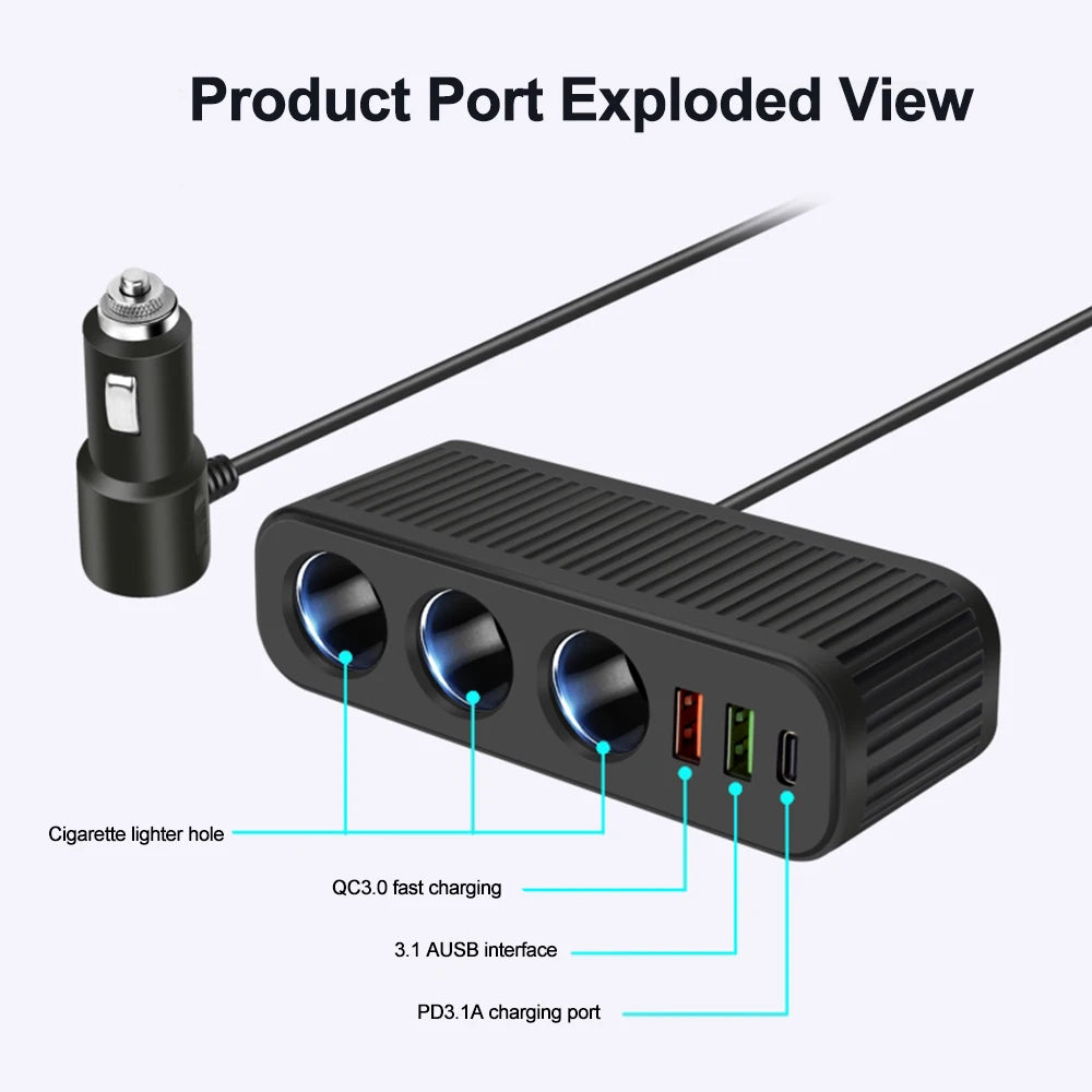 3-Socket Car Charger Splitter — QC3.0, USB-C PD & LED Voltmeter