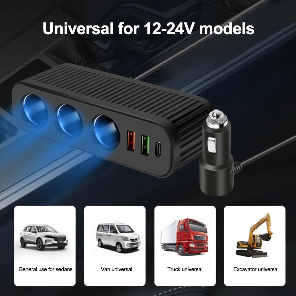 3-Socket Car Charger Splitter — QC3.0, USB-C PD & LED Voltmeter