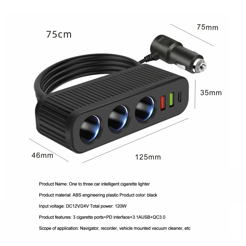 3-Socket Car Charger Splitter — QC3.0, USB-C PD & LED Voltmeter