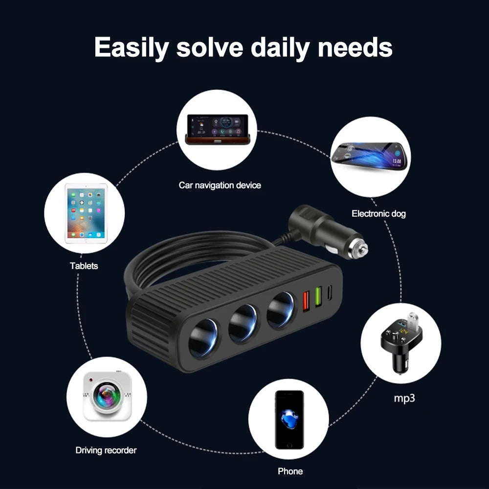 3-Socket Car Charger Splitter — QC3.0, USB-C PD & LED Voltmeter
