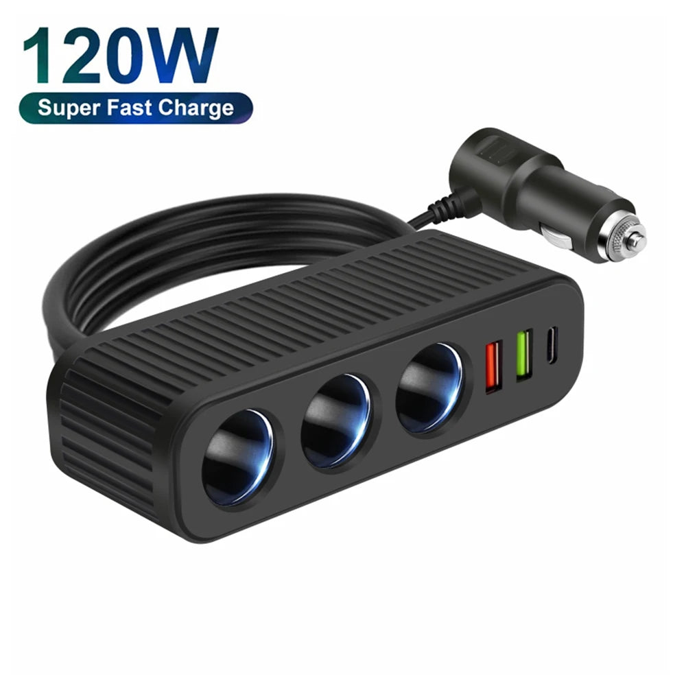 3-Socket Car Charger Splitter — QC3.0, USB-C PD & LED Voltmeter