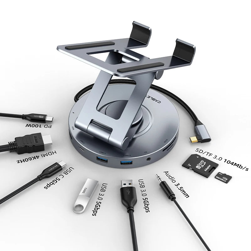 360° Rotating USB-C Hub Stand — 8-in-1 Dock for iPad & Tablets