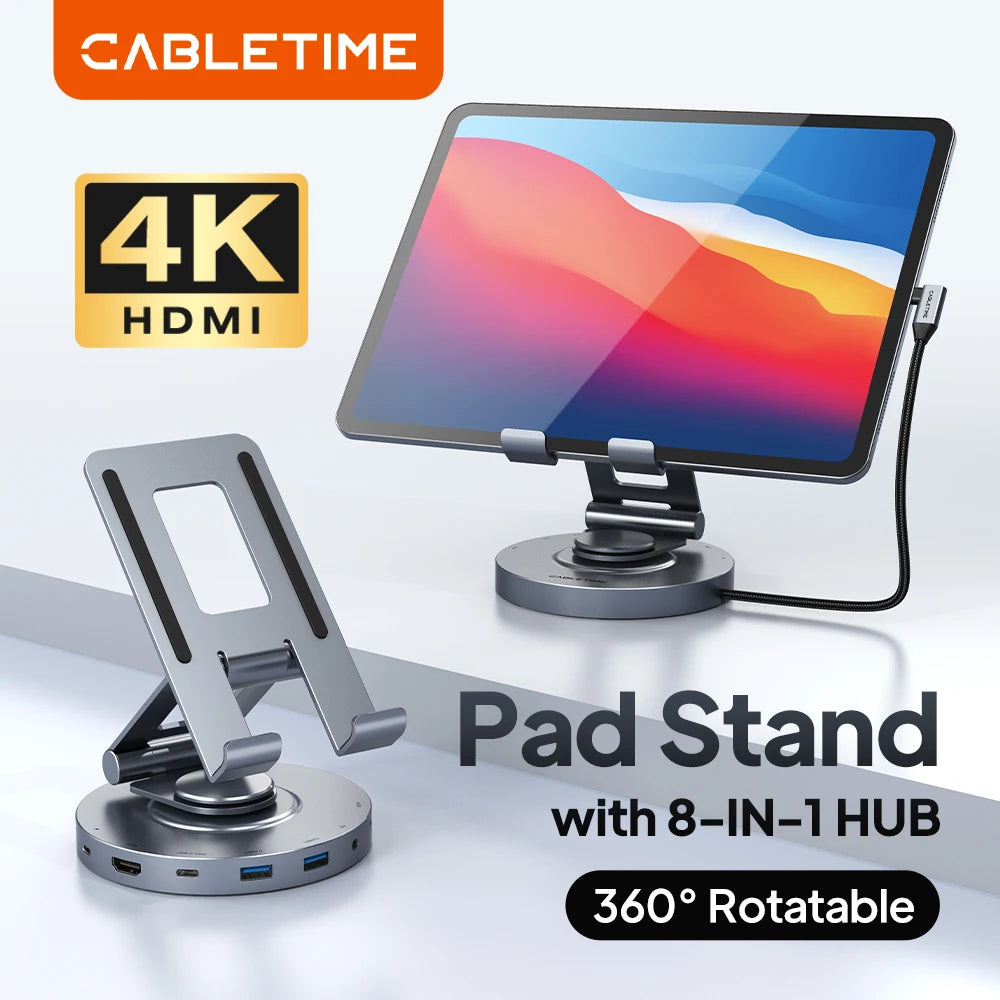 360° Rotating USB-C Hub Stand — 8-in-1 Dock for iPad & Tablets