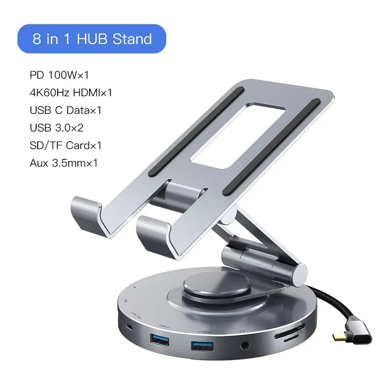 360° Rotating USB-C Hub Stand — 8-in-1 Dock for iPad & Tablets