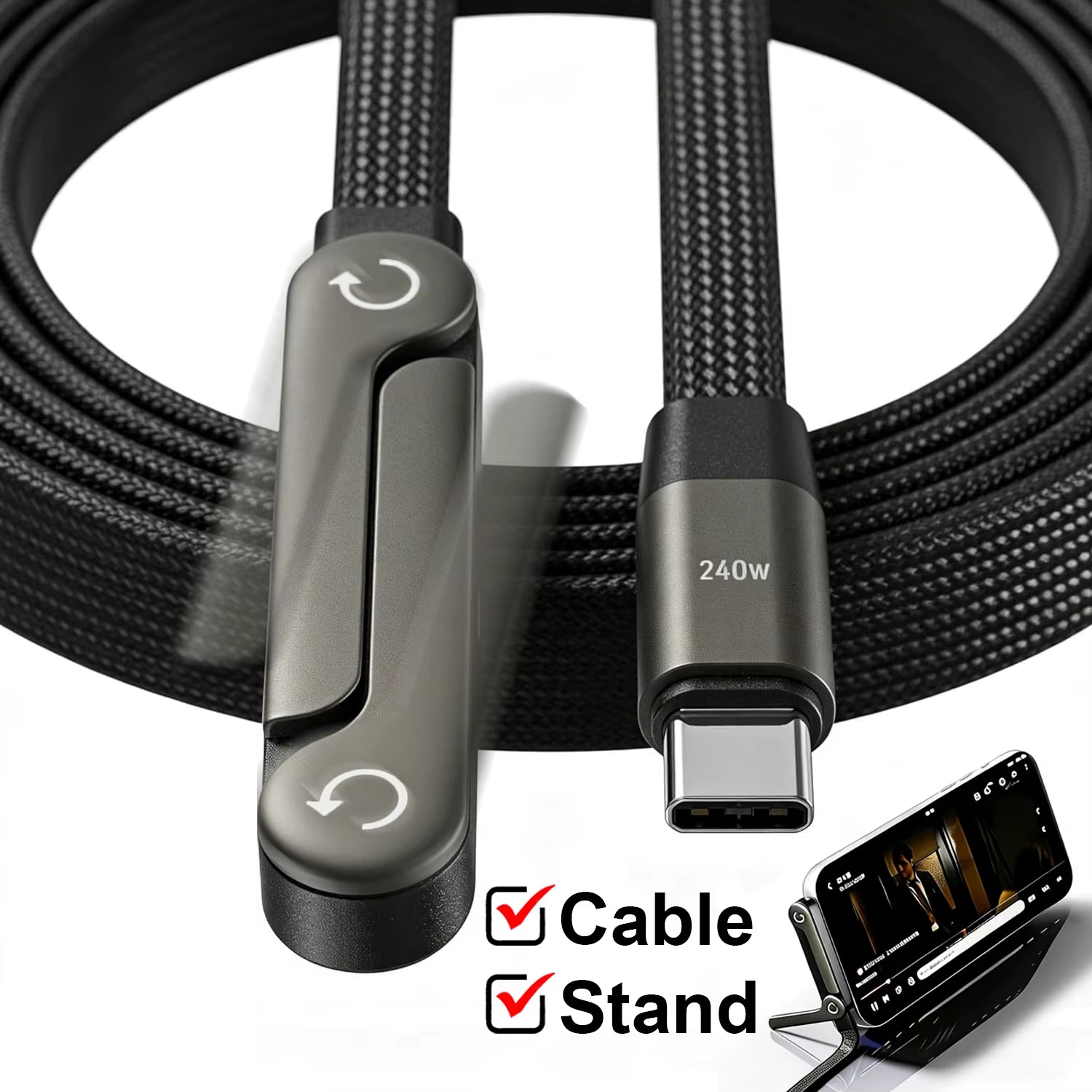 240W Right-Angle USB-C Fast Charging Cable with Foldable Phone Stand